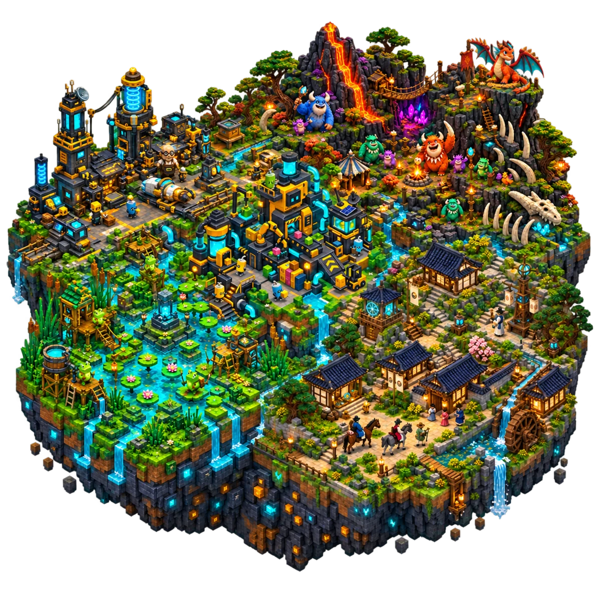 One square World Fabric island combining five connected voxel and low-poly districts
